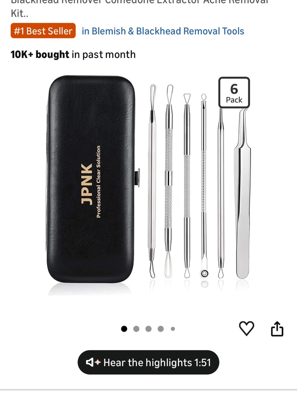 JPNK Stainless Steel 6-Piece Blackhead Remover Kit in Black